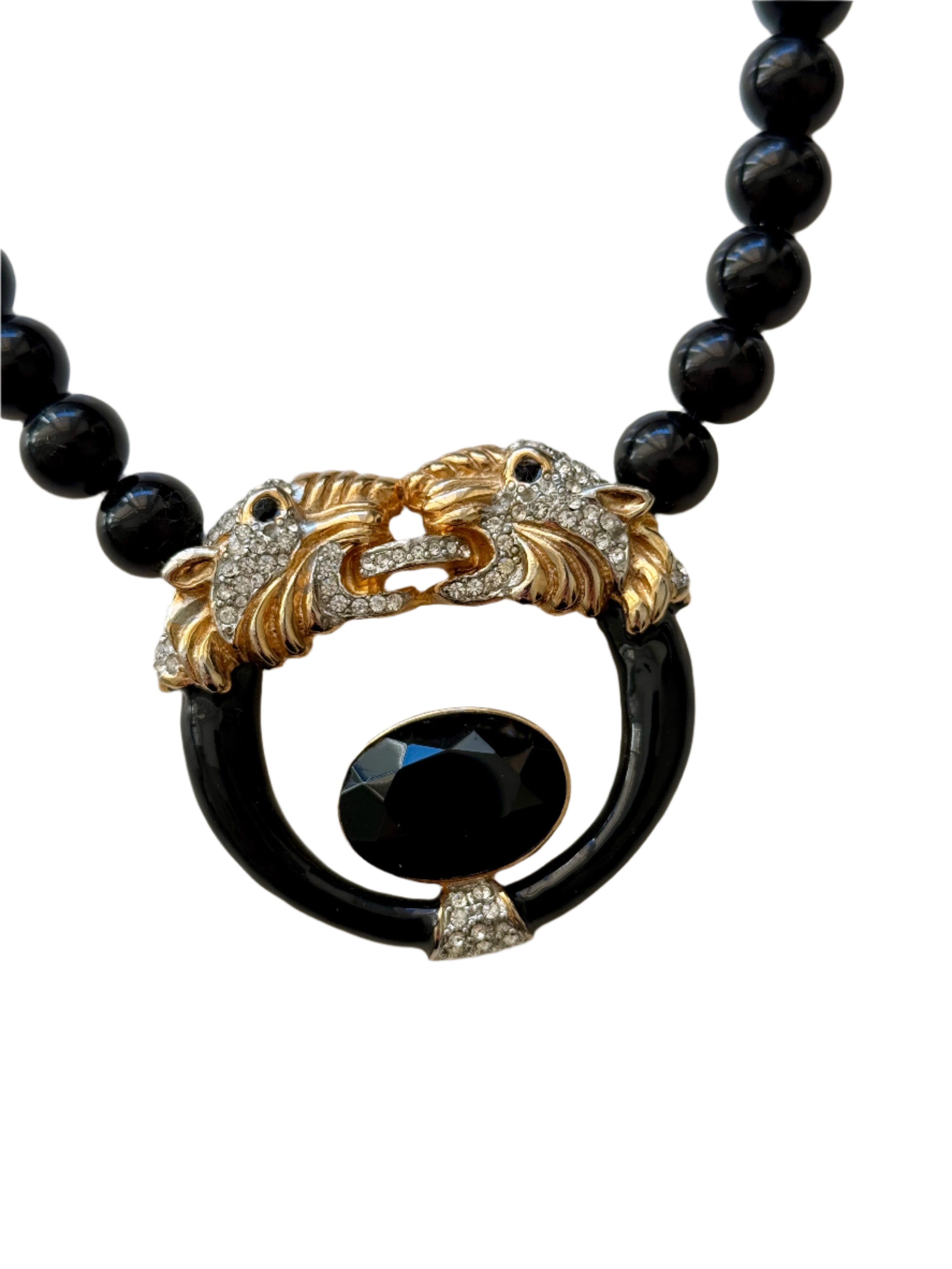 80s Double Gold Panther Black Beaded Neckalce