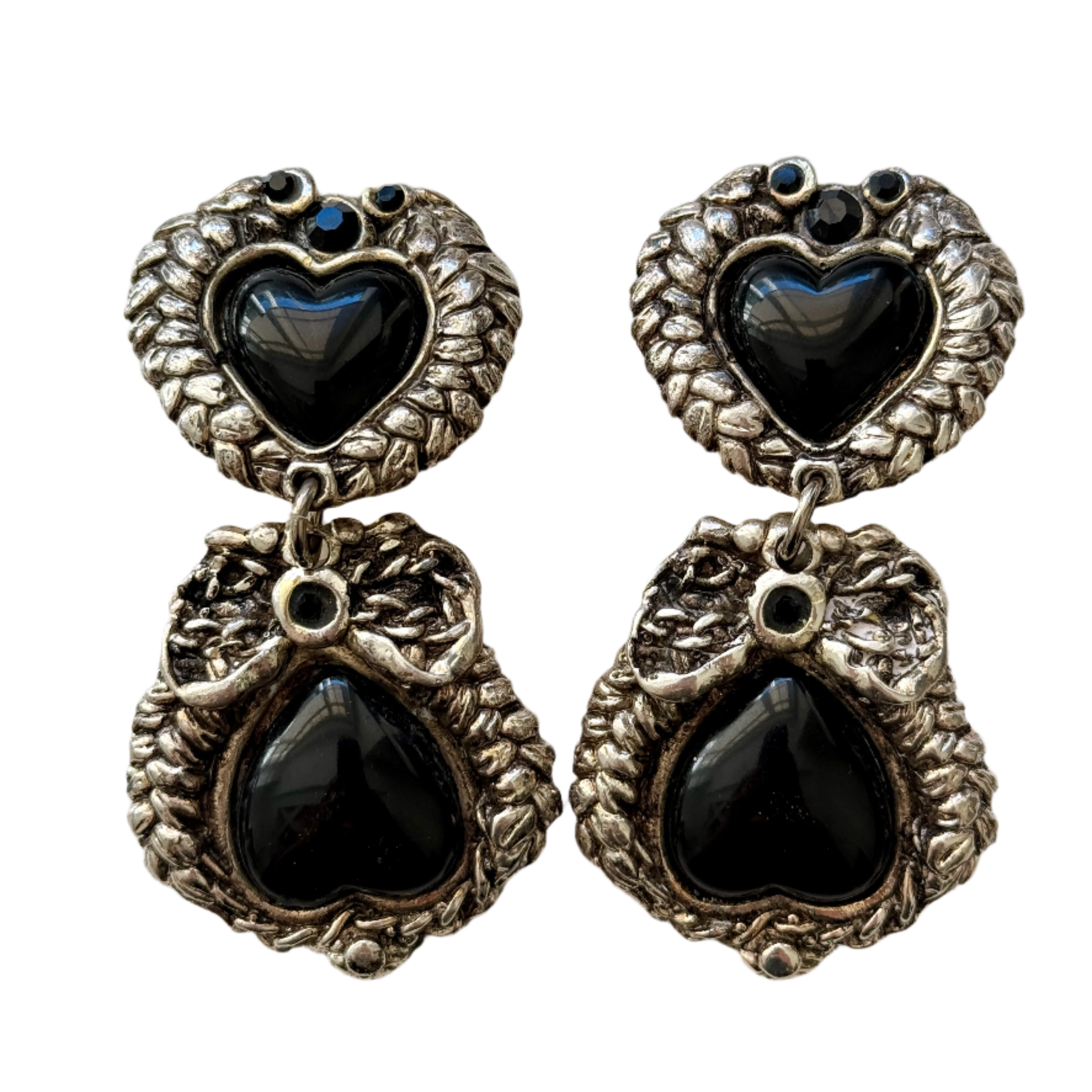 French Designer Jacky De G Huge Silver & Black Heart Earrings