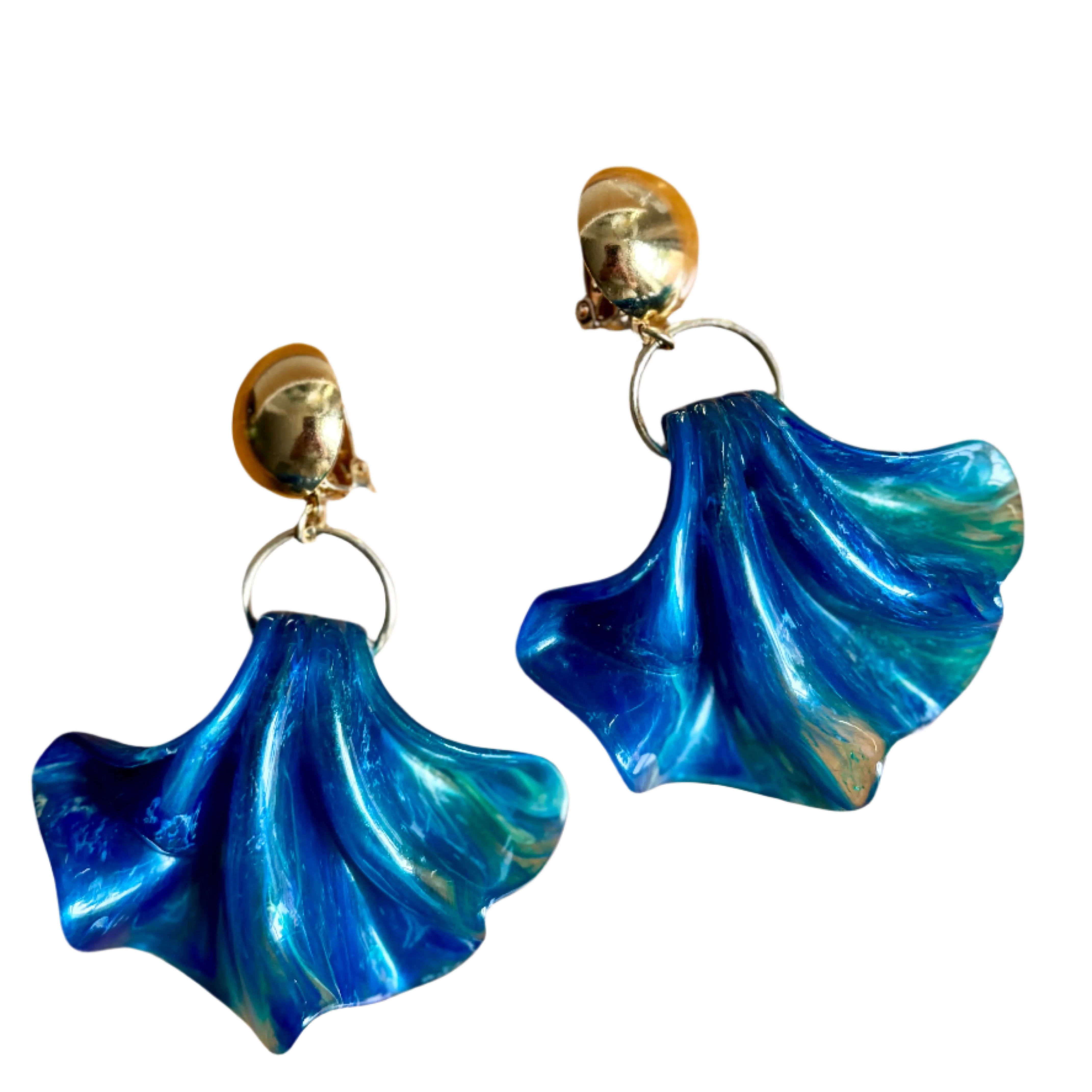 Blue Marbled Resin Fan Clip-On Earrings