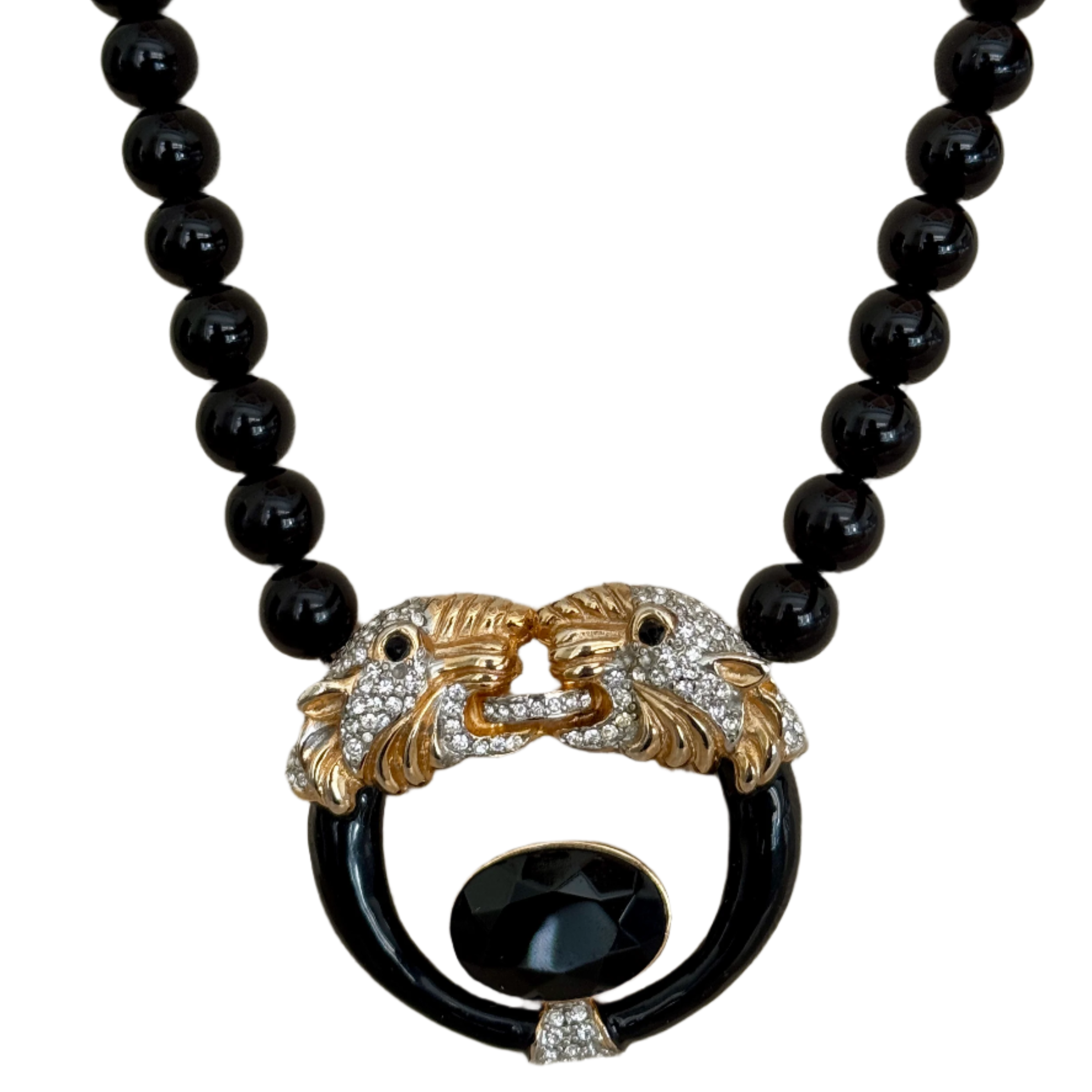 80s Double Gold Panther Black Beaded Neckalce