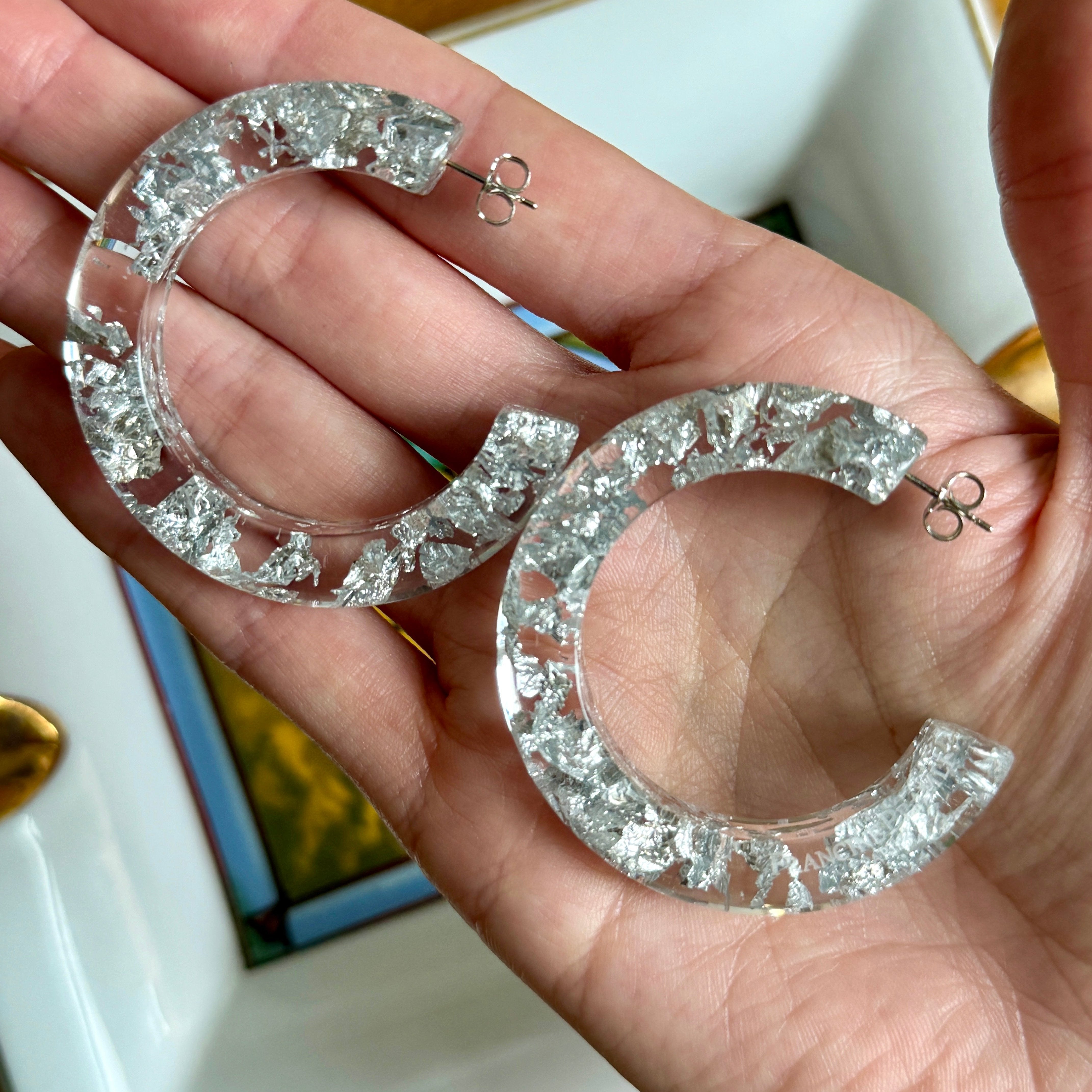 Italian Clear Resin Silver Flecked Hoop Earrings