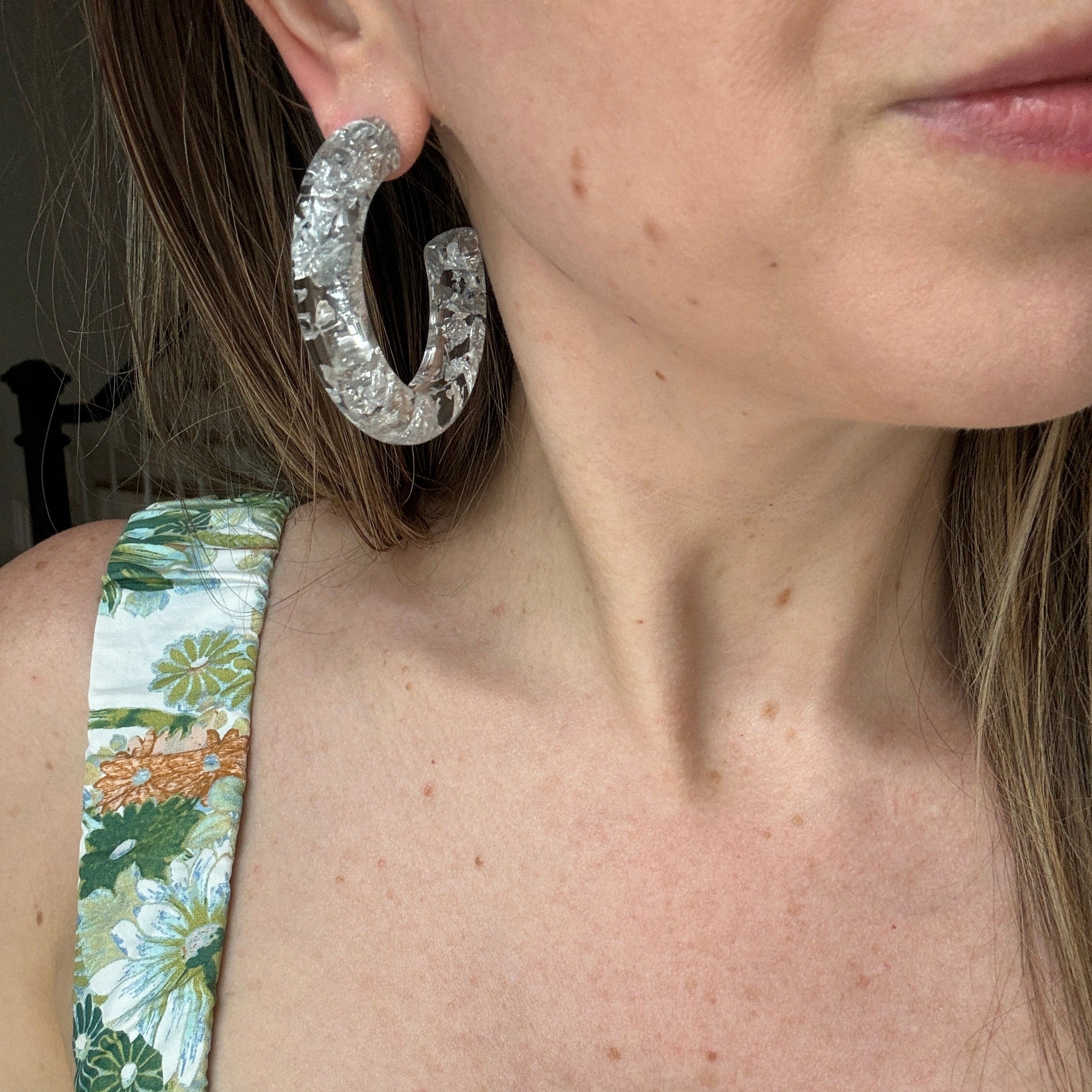 Italian Clear Resin Silver Flecked Hoop Earrings