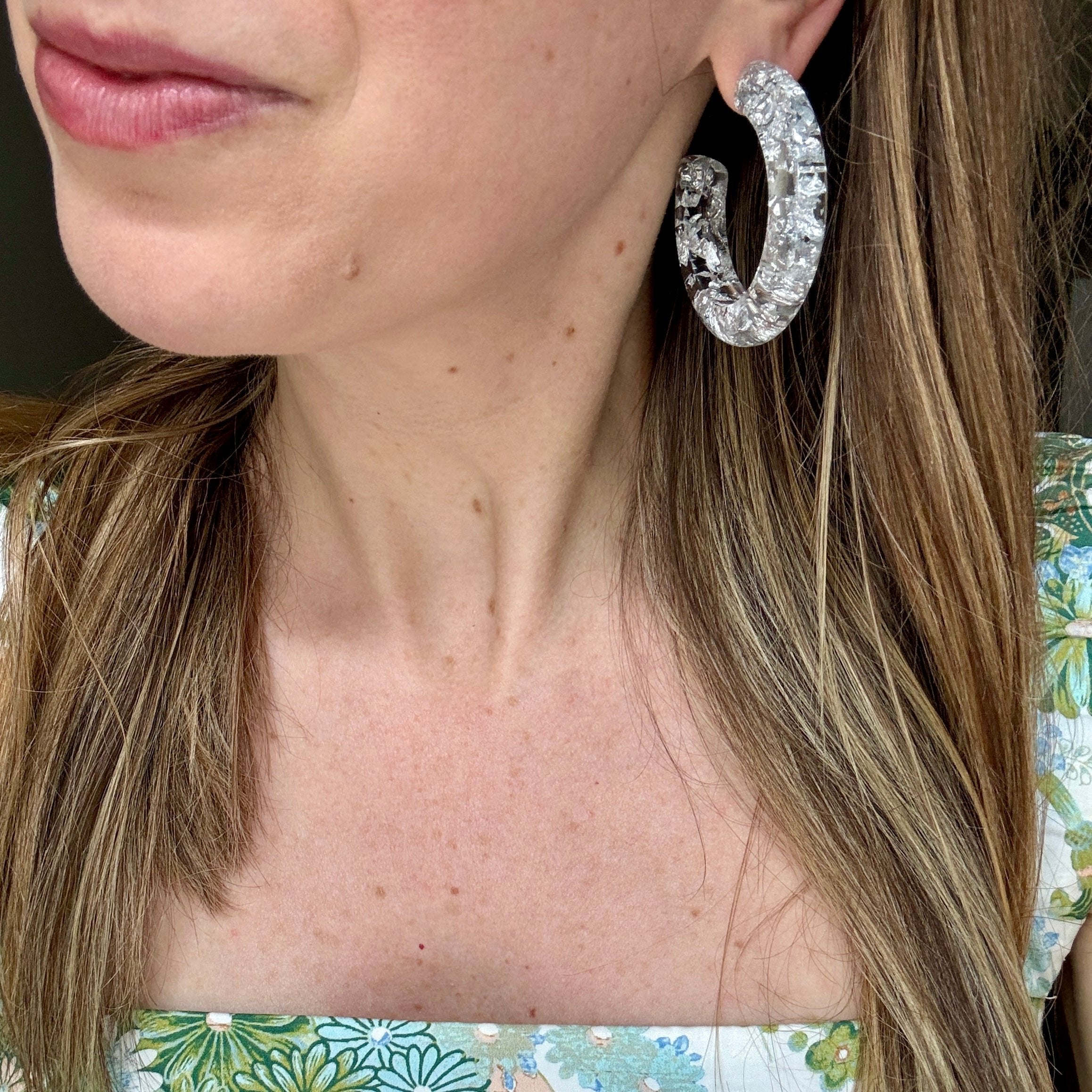 Italian Clear Resin Silver Flecked Hoop Earrings