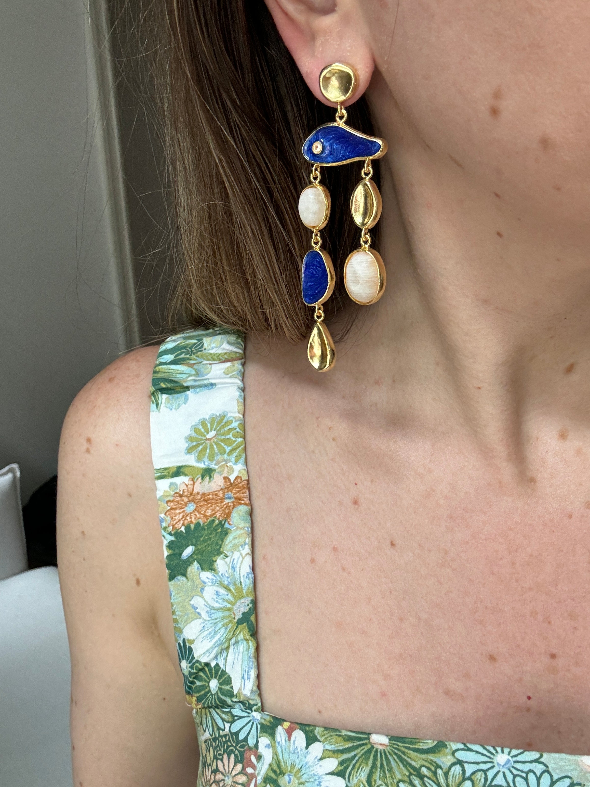 Blue and Gold Enamel Fish Earrings