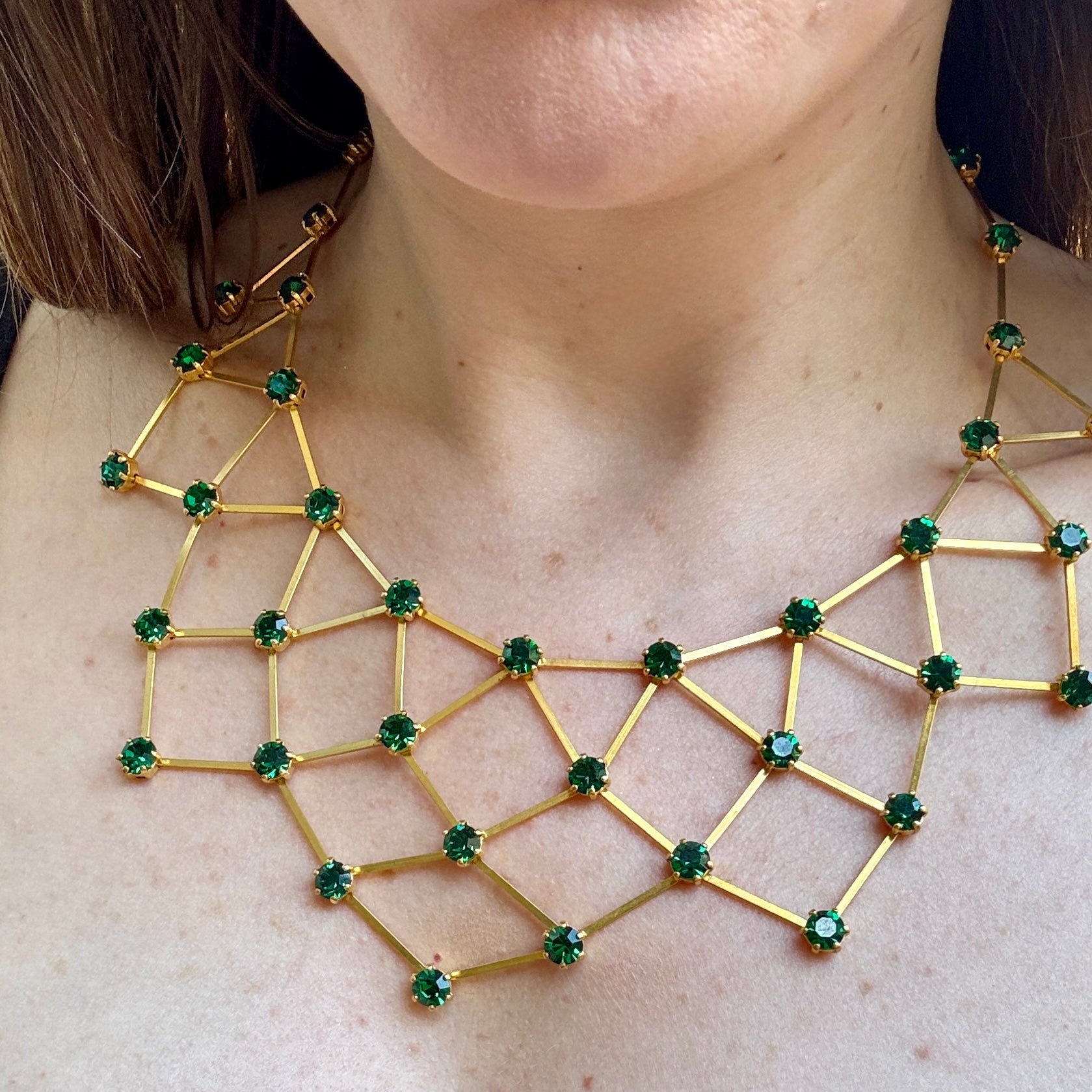 1960s French Emerald Green Crystal Gold Collar Necklace