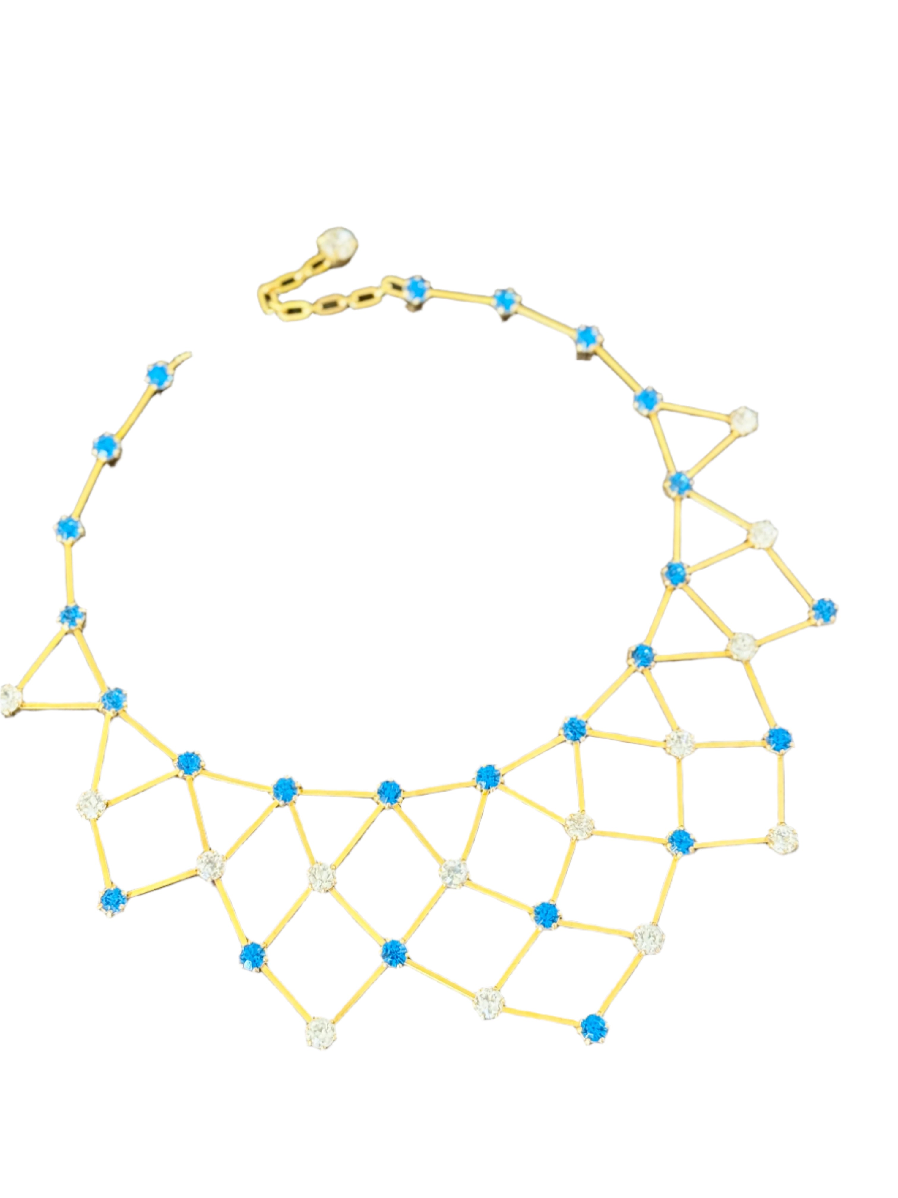 1960s French Blue Crystal Gold Collar Necklace