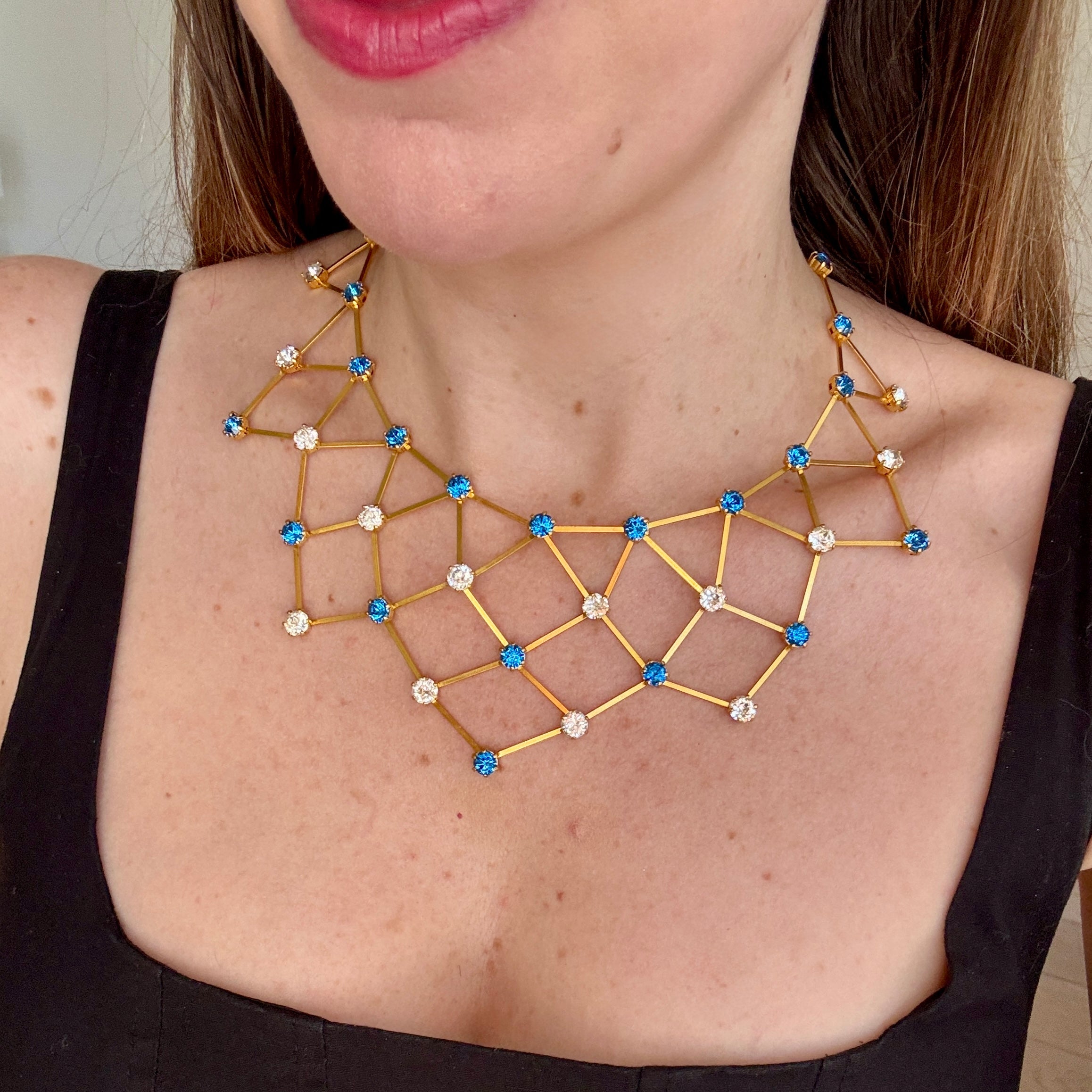 1960s French Blue Crystal Gold Collar Necklace