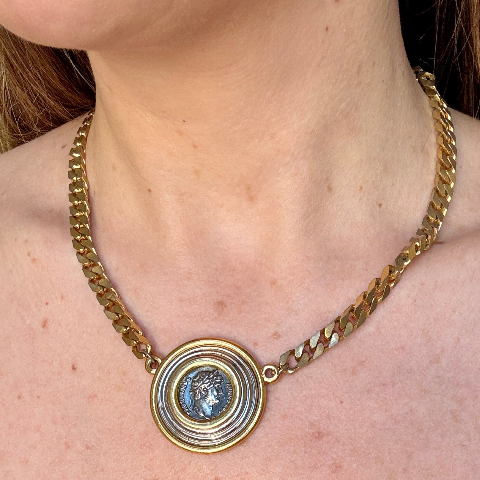 Vintage 80s Silver and Gold Roman Coin Necklace