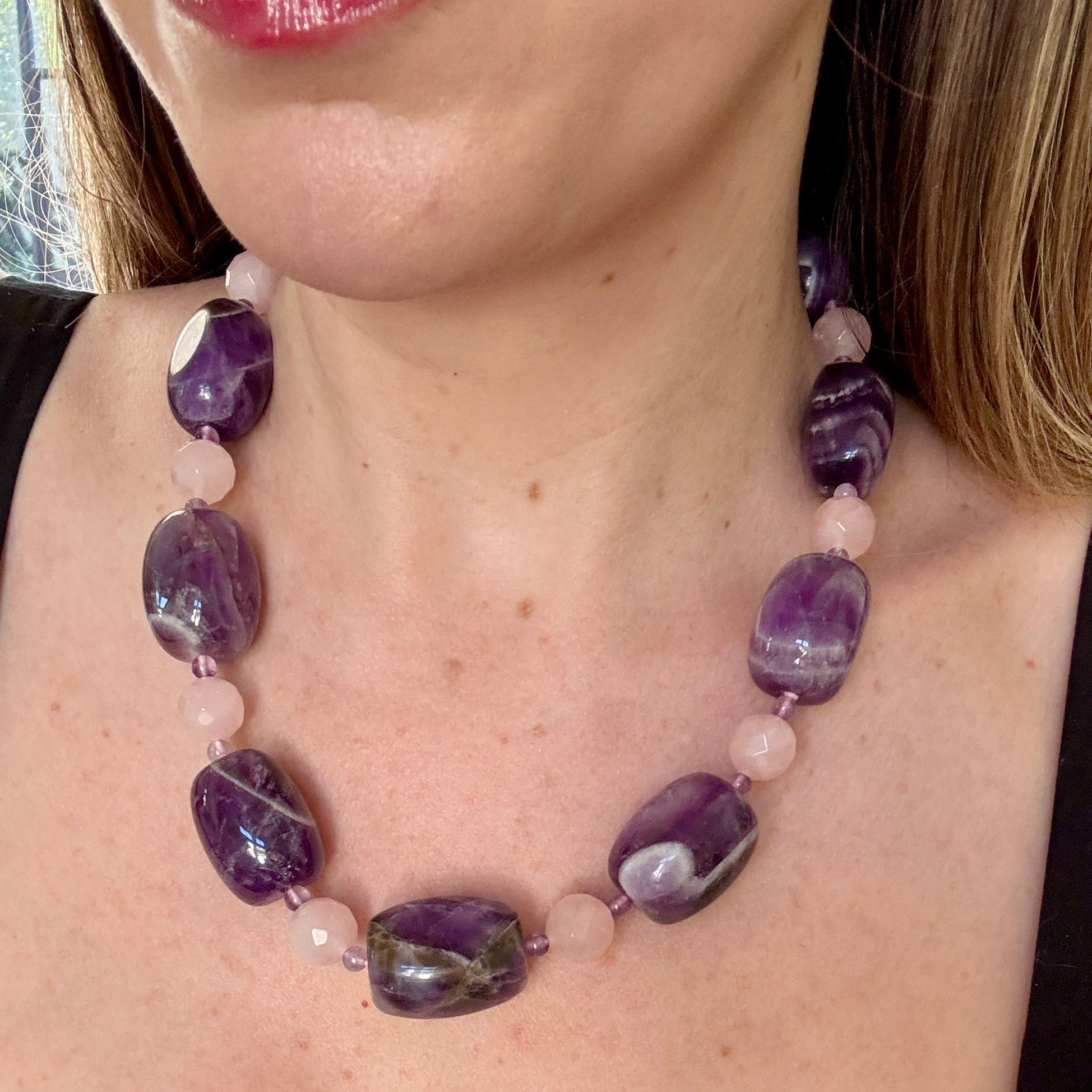 Genuine Amethyst and Rose Quartz Necklace