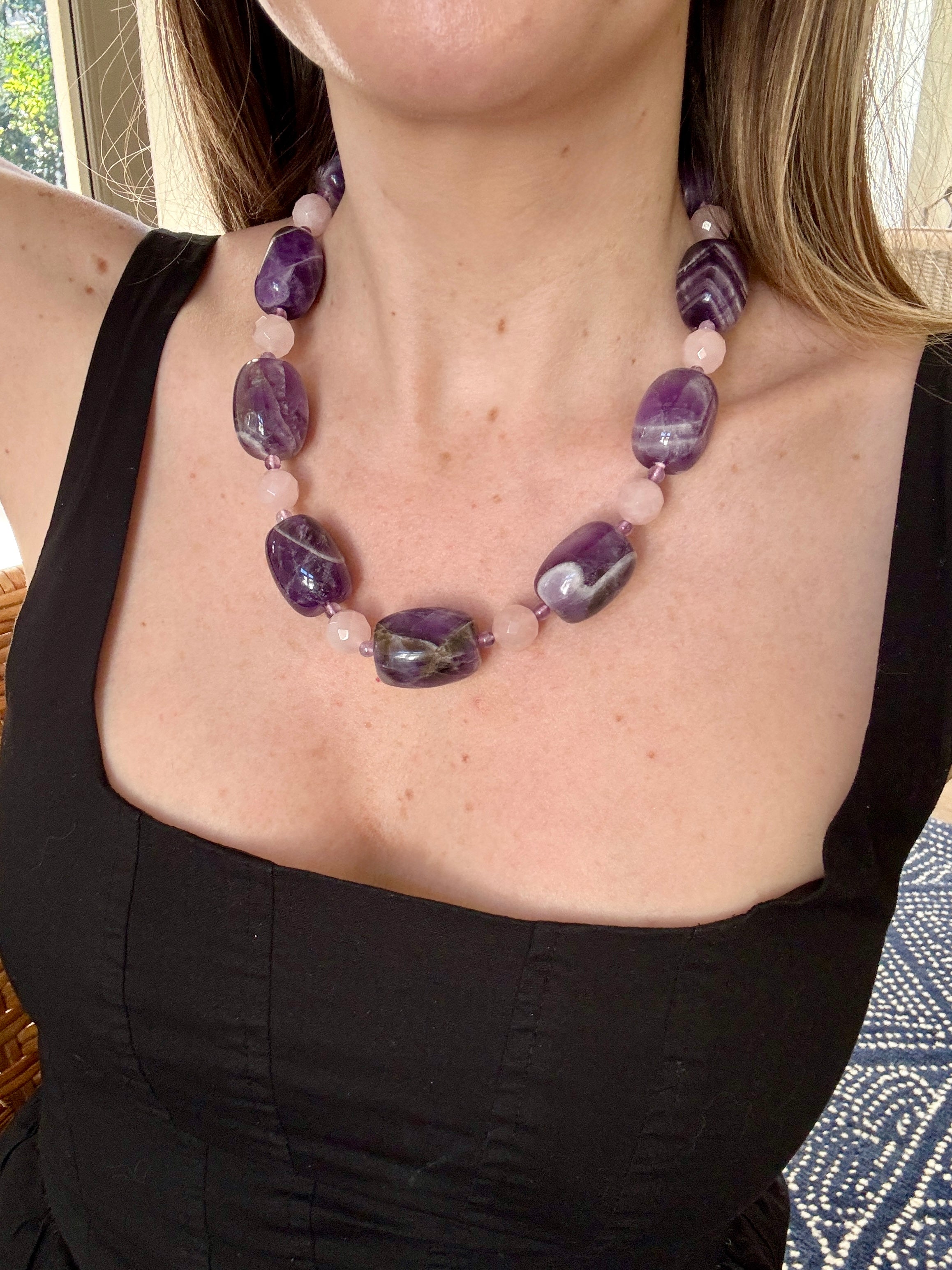 Genuine Amethyst and Rose Quartz Necklace