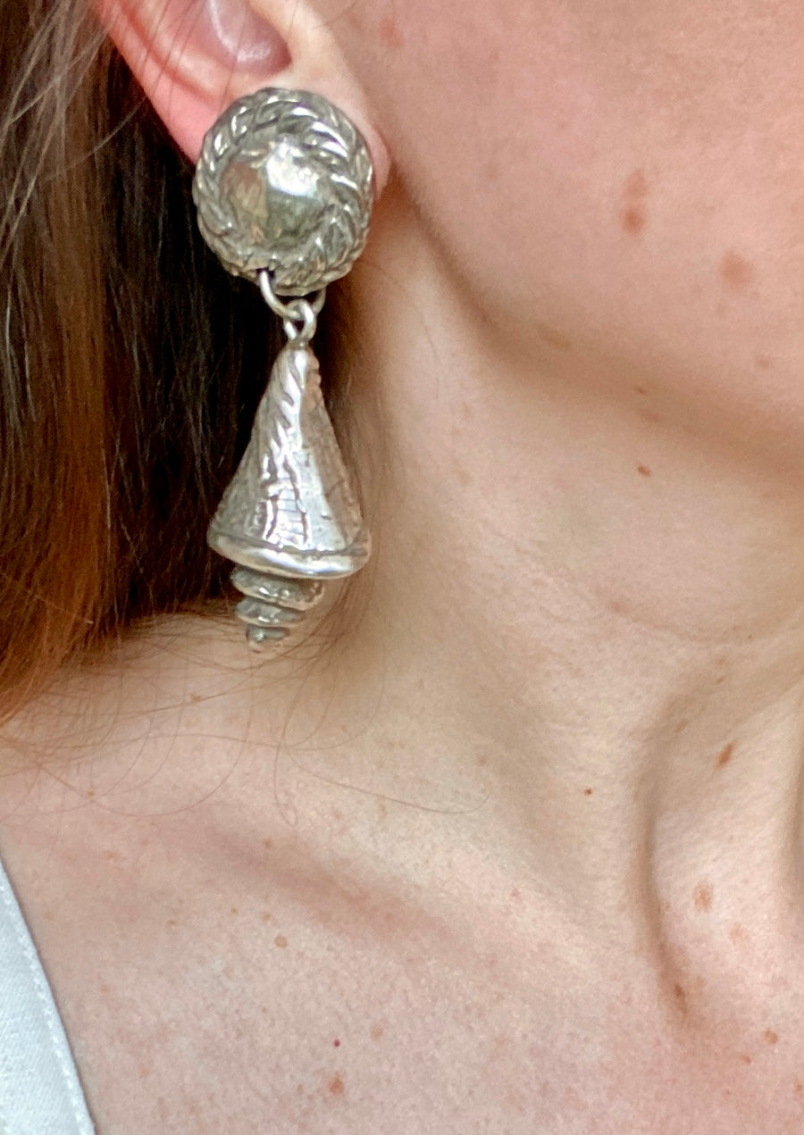 French Designer Chantal de Kerouartz Silver Shell Statement Earrings