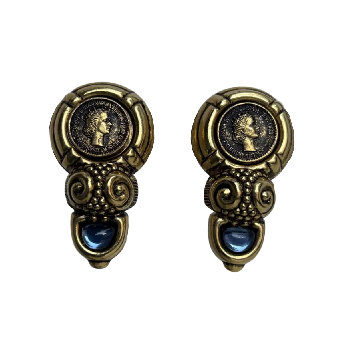 A pair of ornate antique-style gold-toned earrings featuring circular medallion details with classical profile portraits and a small blue stone accent at the bottom, shown on a plain white background.