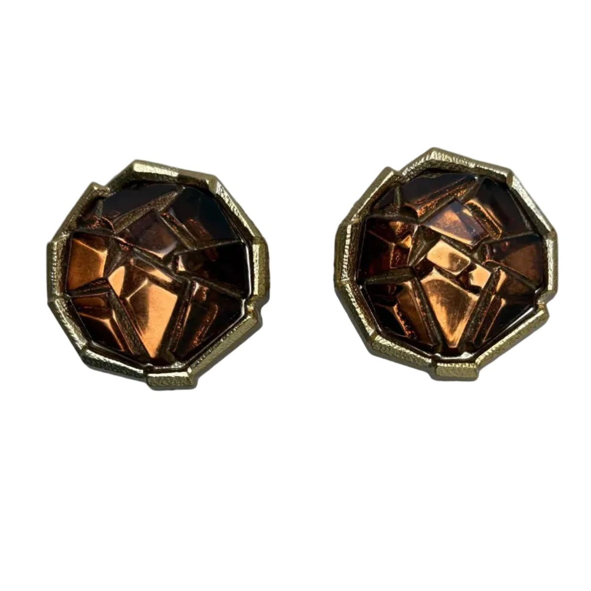 A pair of vintage geometric stud earrings with a faceted amber-brown center and a textured gold-tone border, shown on a plain white background.