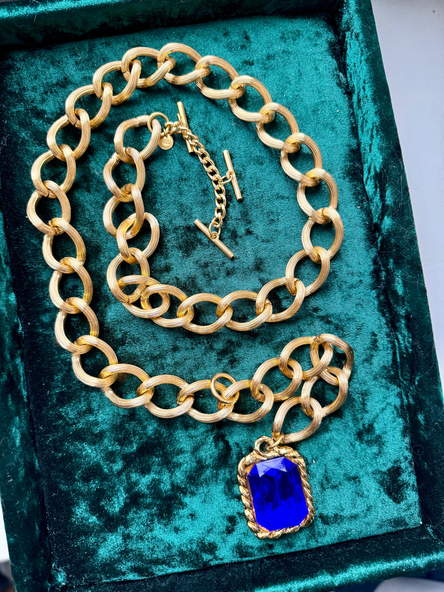 80s Chunky Gold Blue Jewel Chain Belt Necklace