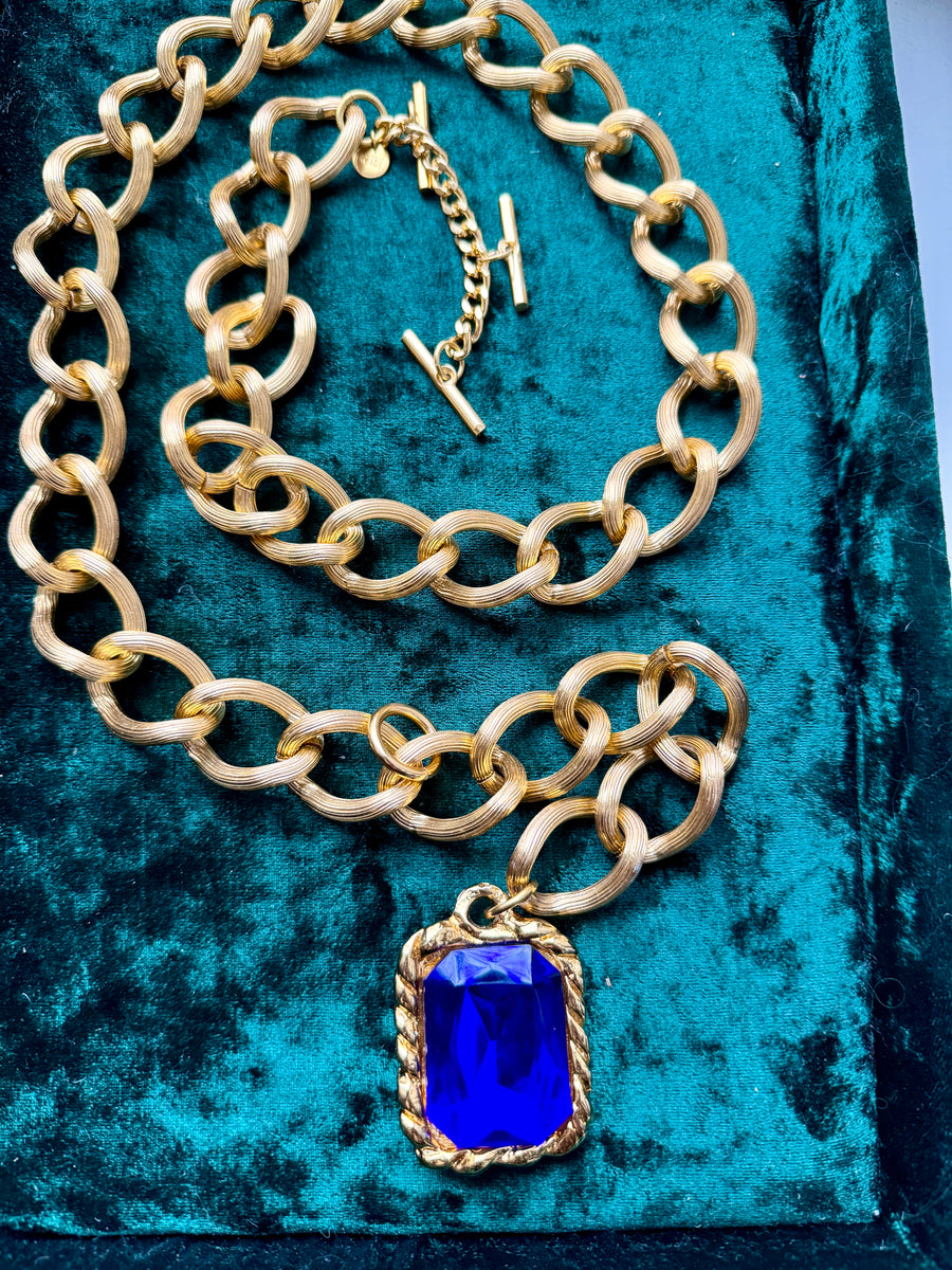 80s Chunky Gold Blue Jewel Chain Belt Necklace