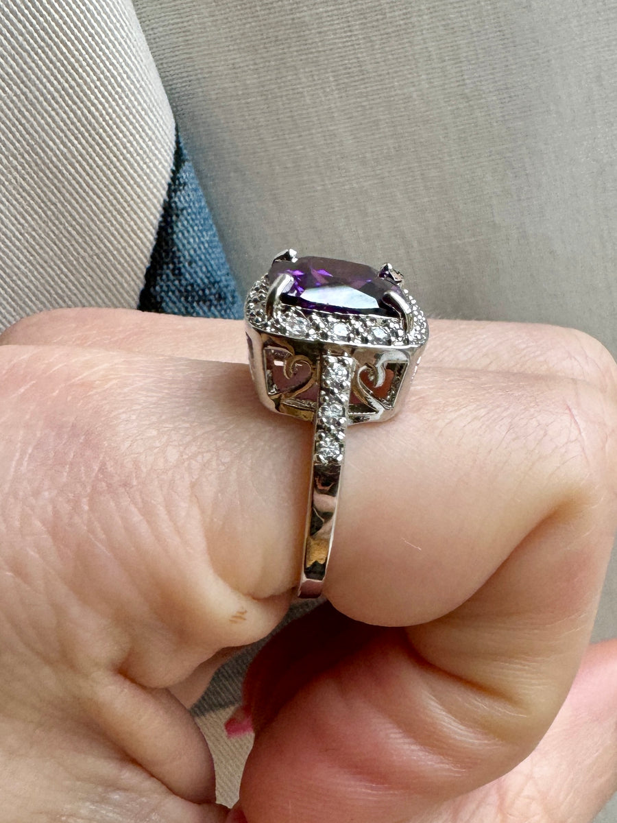 Sterling Silver Square Cut Purple Crystal Ring