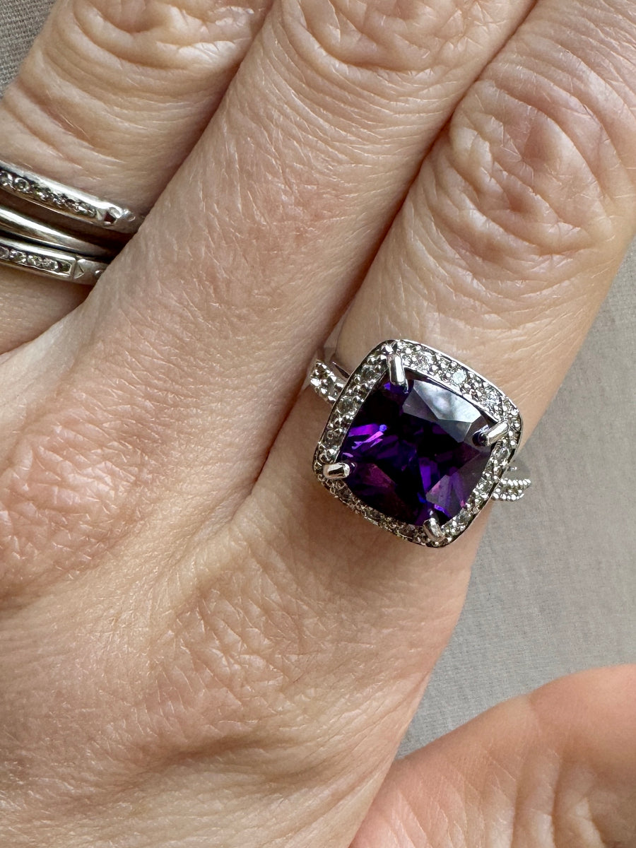 Sterling Silver Square Cut Purple Crystal Ring