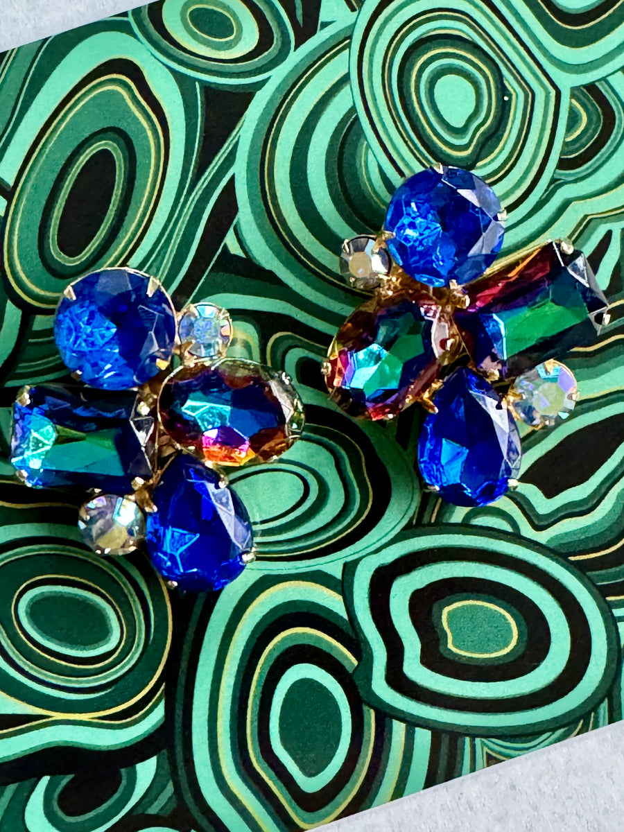 80s Blue Aurora Crystal Clip On Earrings