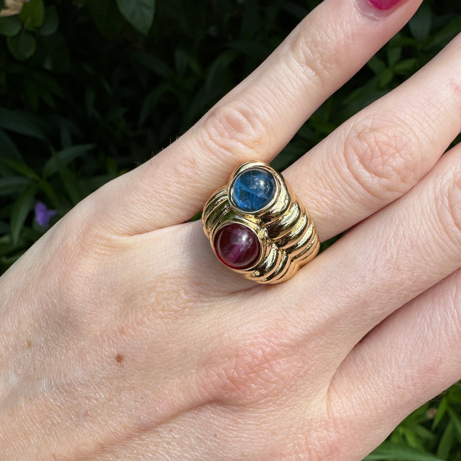 80s Marbled Blue Red Glass Gold Ring Size 6