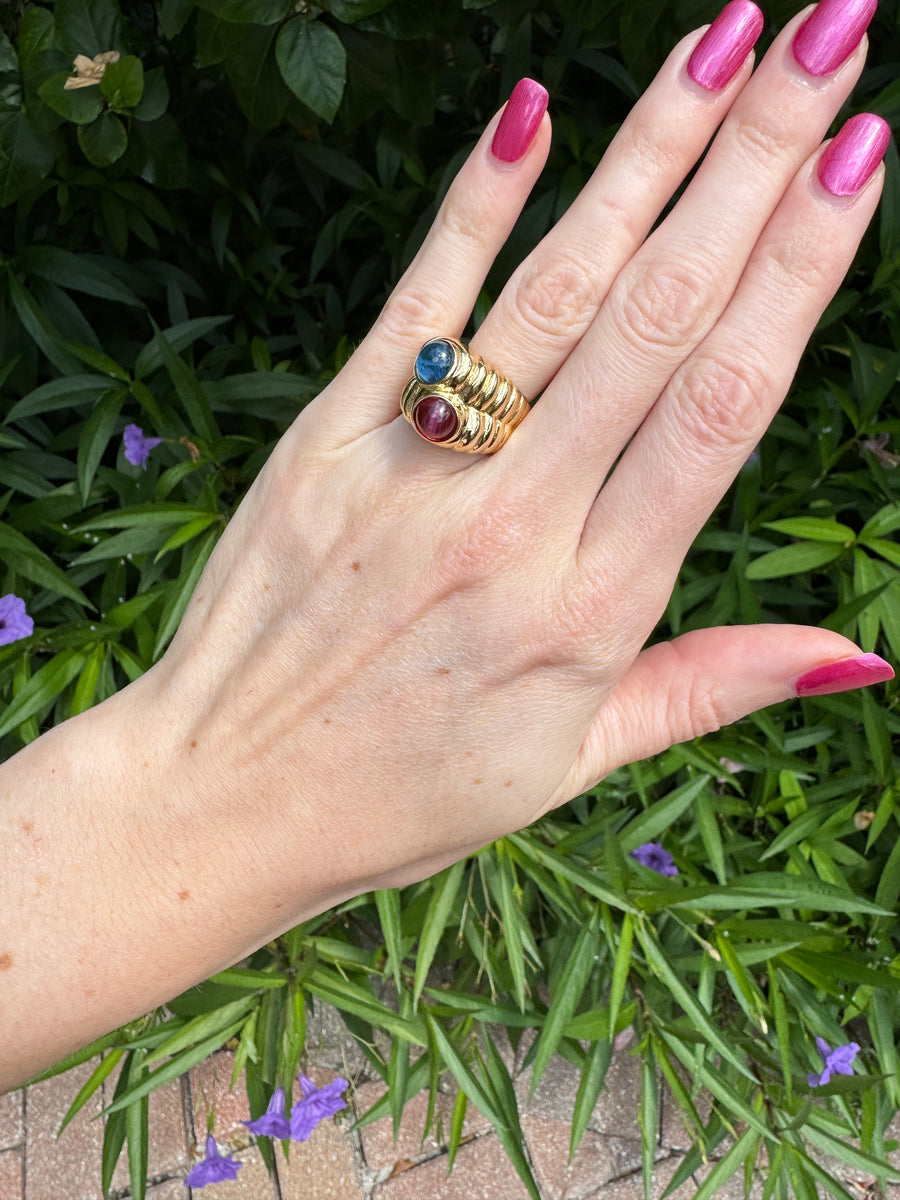 80s Marbled Blue Red Glass Gold Ring Size 6