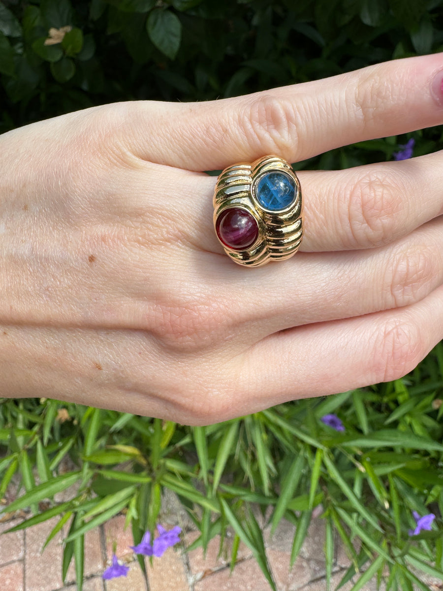 80s Marbled Blue Red Glass Gold Ring Size 6