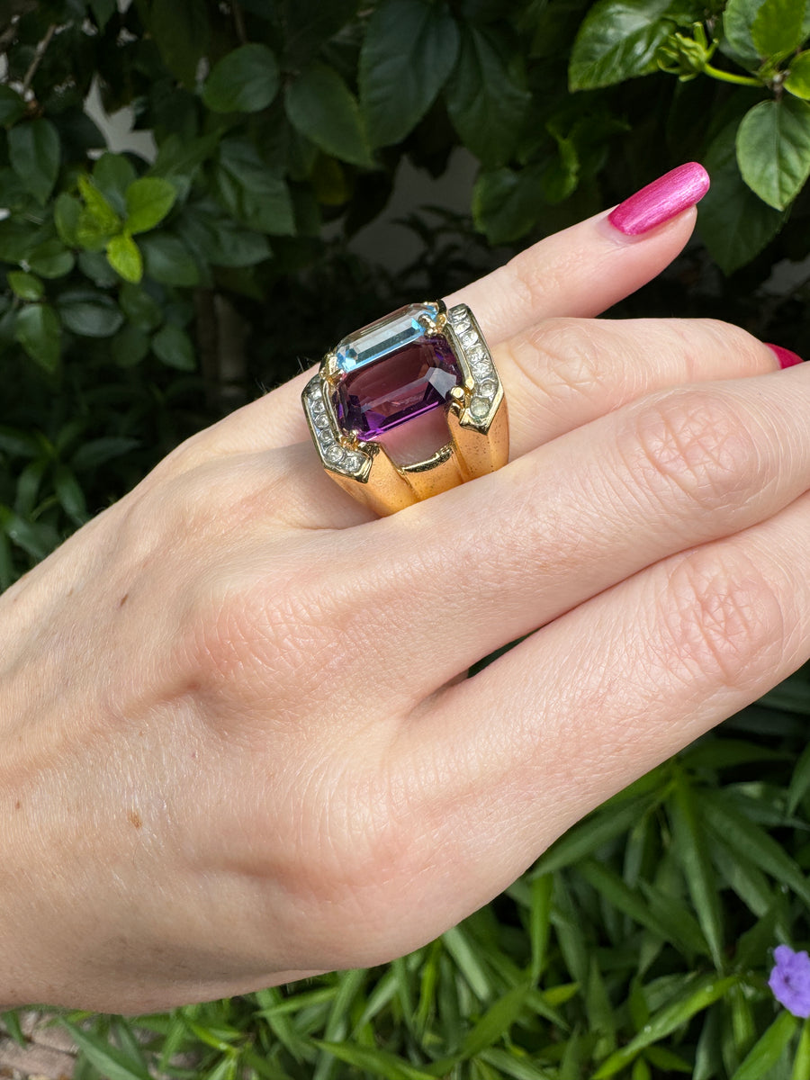 80s Aqua Purple Crystal Gold Cocktail Ring Size 5.5