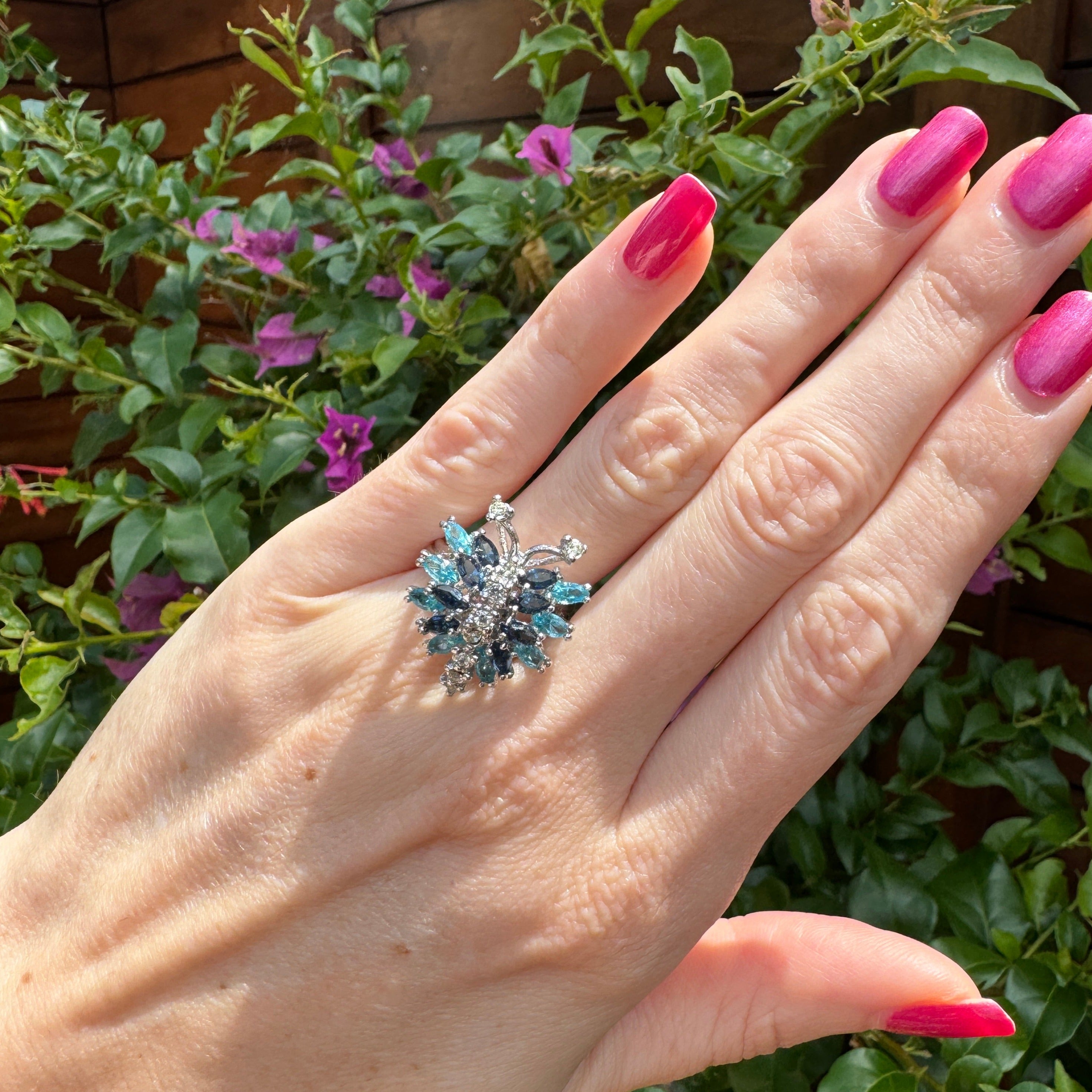 Blue Crystal Butterfly Silver Ring Size 6.5