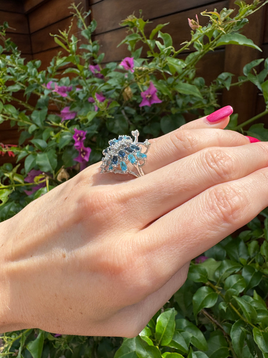 90s Blue Crystal Butterfly Silver Ring Size 6.5