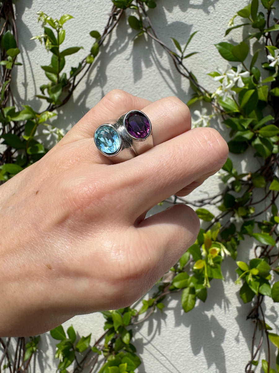 80s Silver Aqua Blue & Purple Crystal Ring Sizes 6 & 7