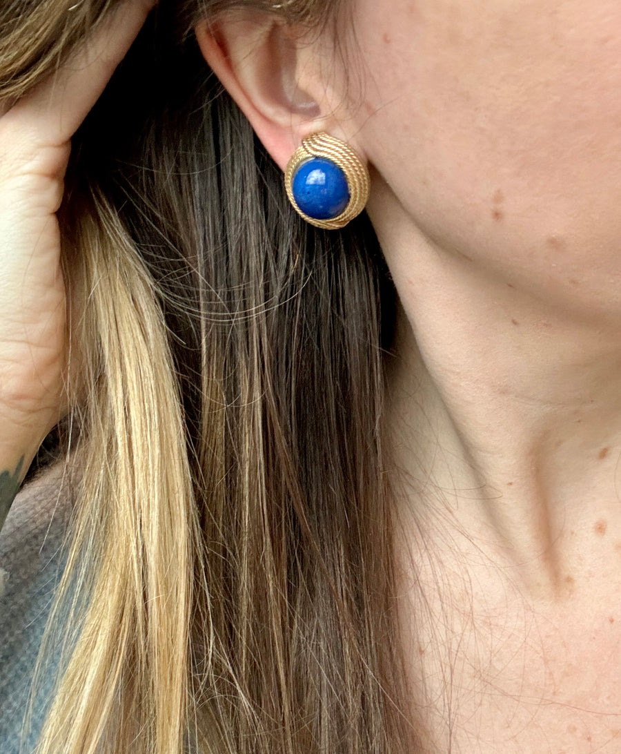 70s Ciner Blue Lapis Glass Clip On Earrings