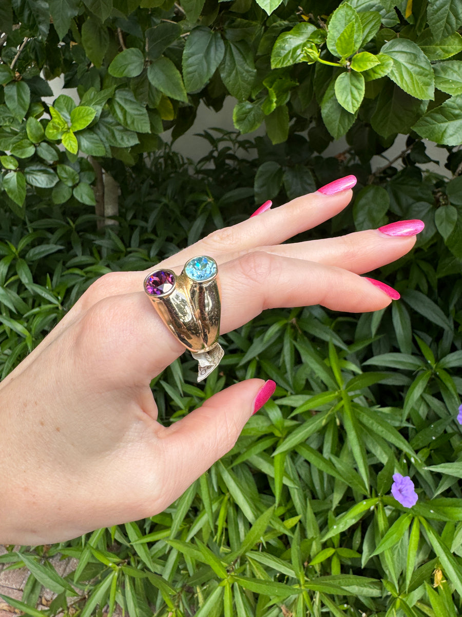Huge Vintage Aqua Blue Crystal and Purple Crystal Gold Ring