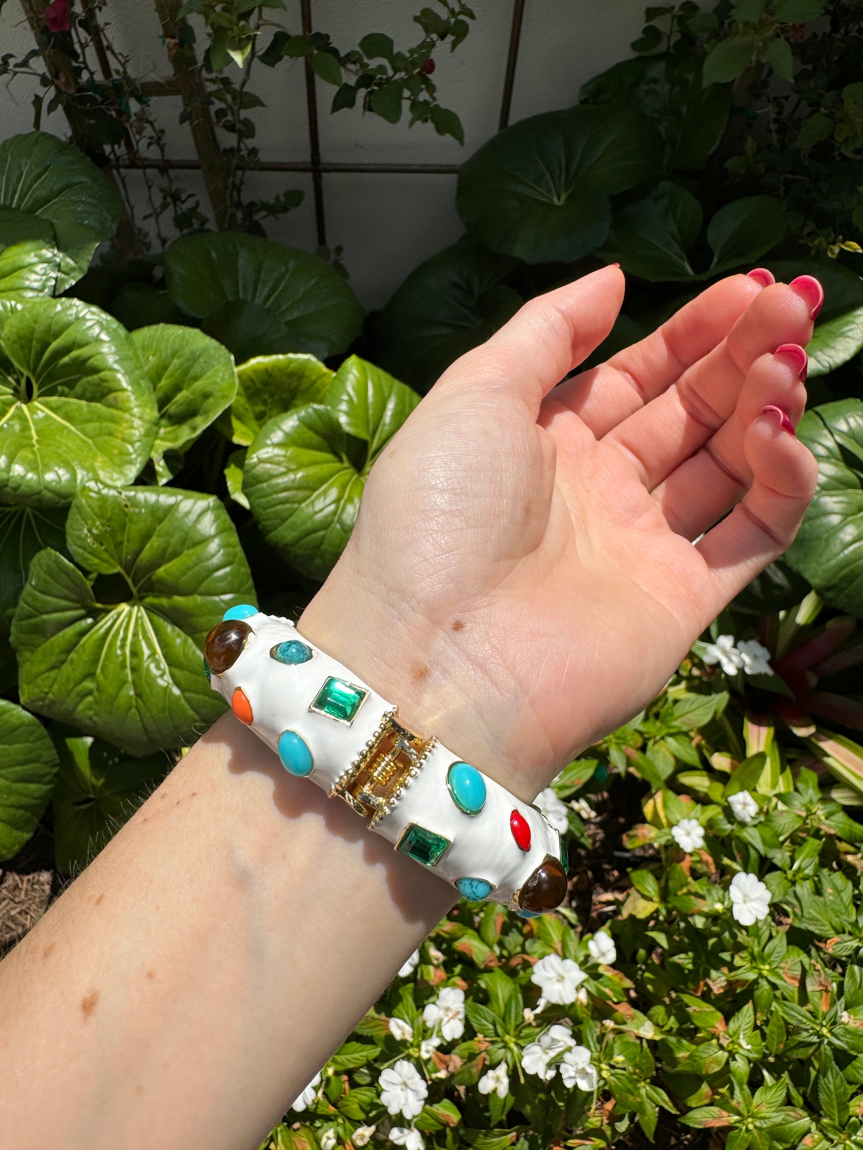 White Enamel Multi-Jeweled Hinged Bracelet