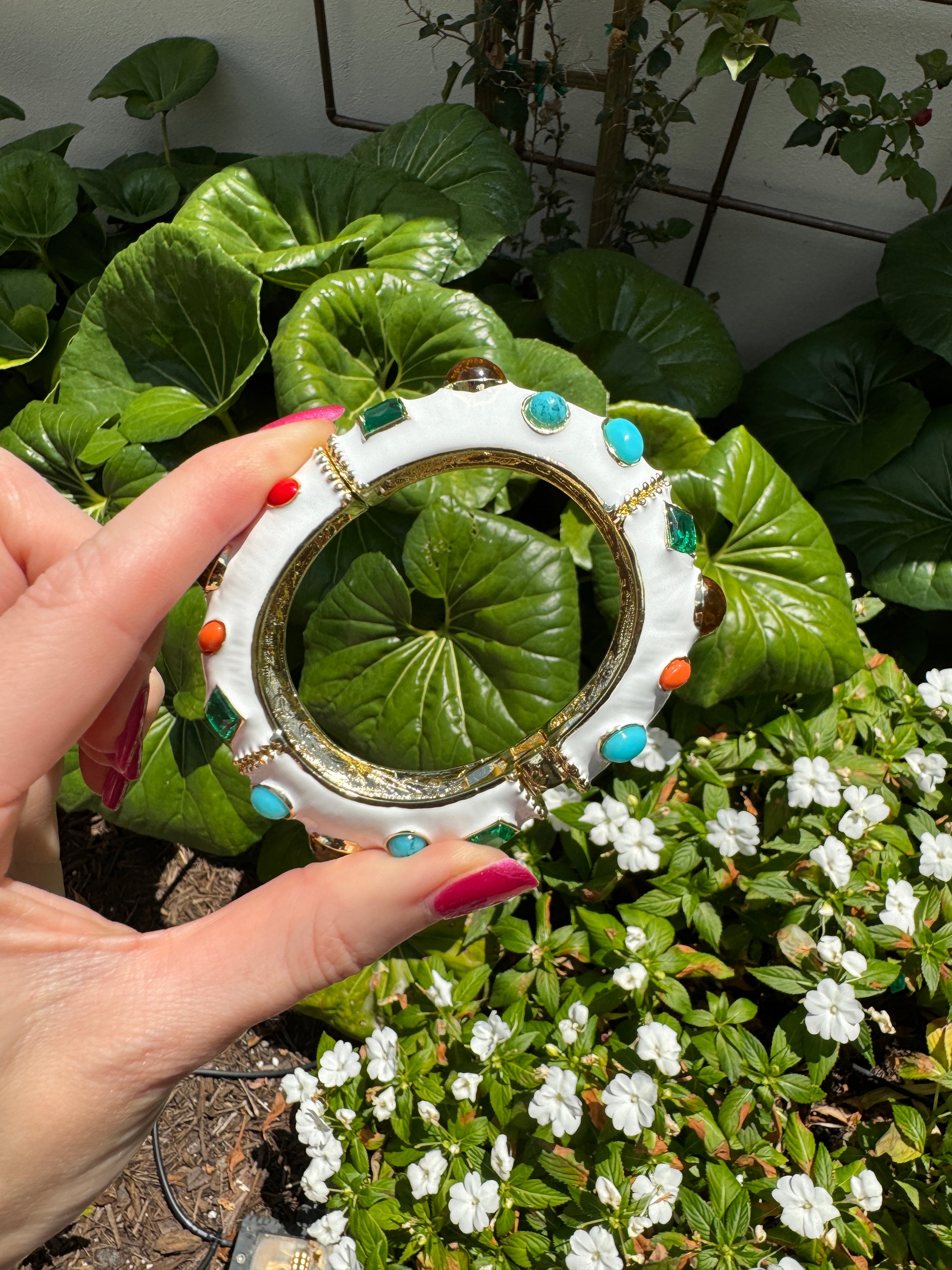 White Enamel Multi-Jeweled Hinged Bracelet