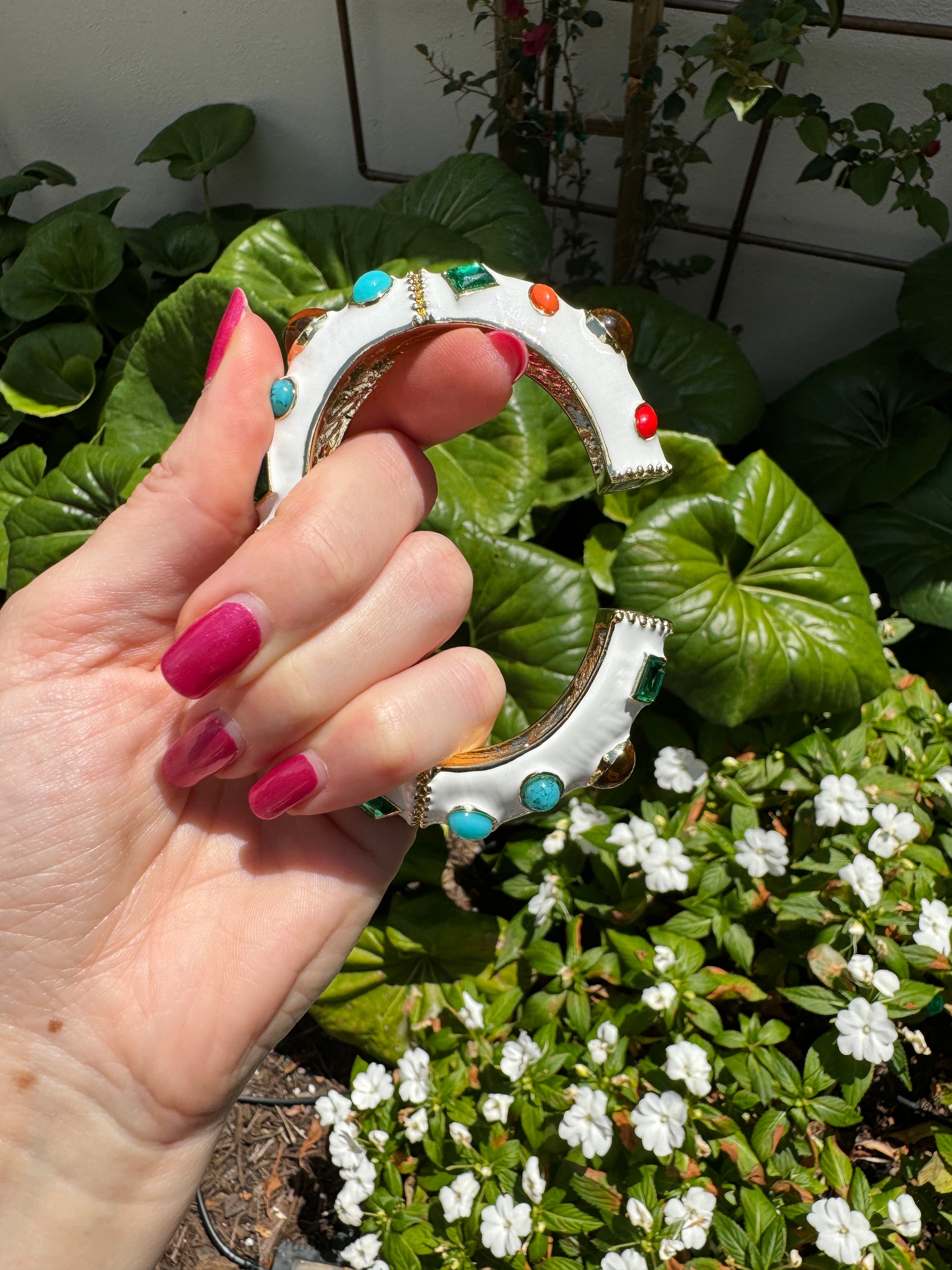 White Enamel Multi-Jeweled Hinged Bracelet