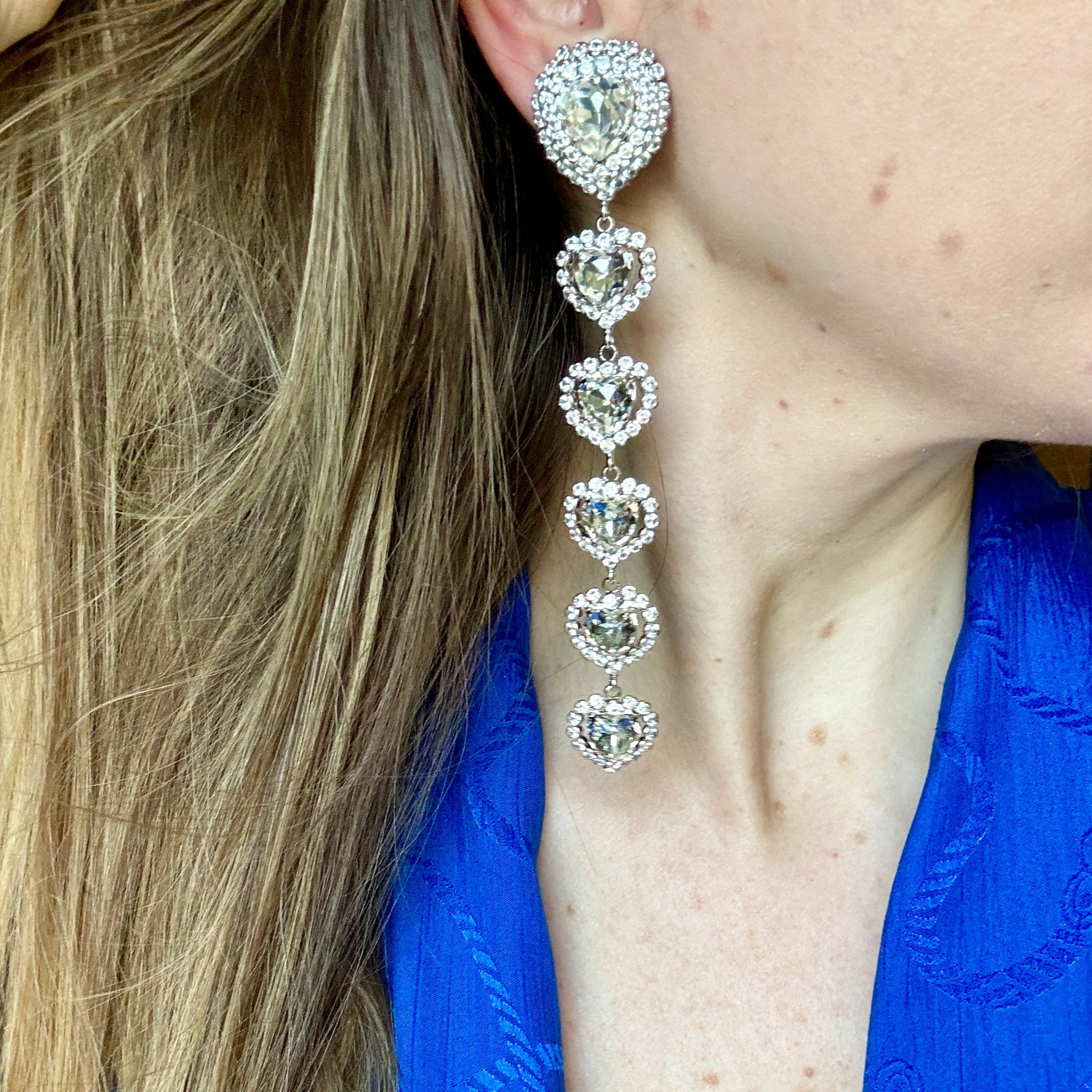  Diamond Crystal Heart Shoulder Duster Earrings