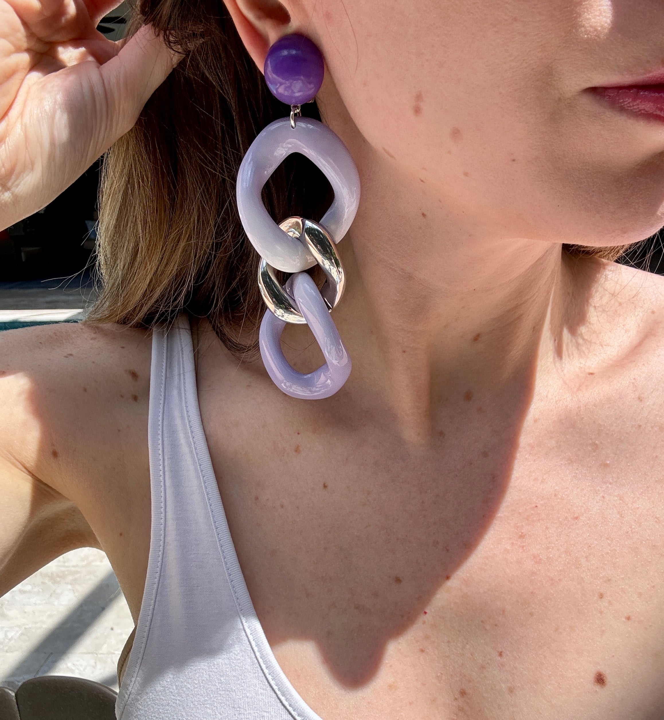 French Designer Francine Bramli Purple Ombre Silver Link Earrings