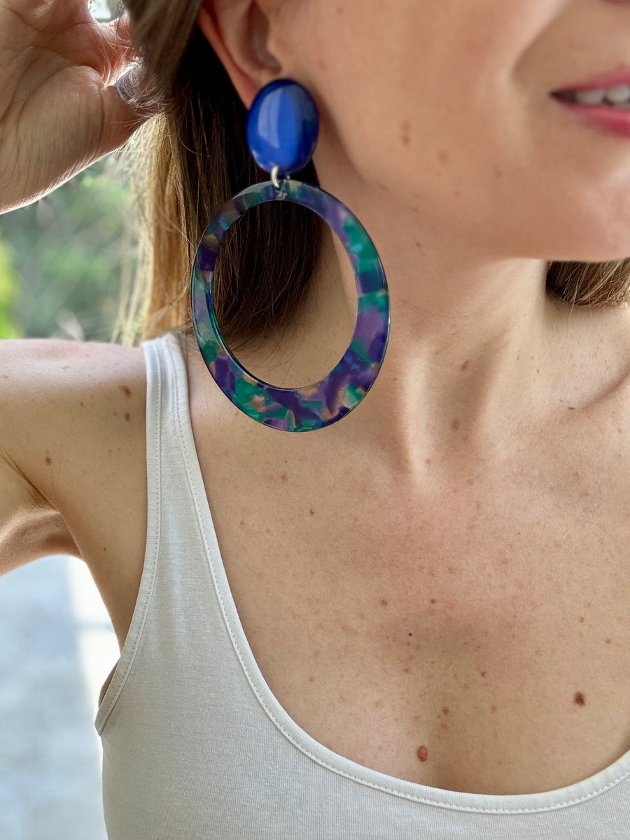 French Designer Francine Bramli Marbled Blue Resin Hoop Earrings