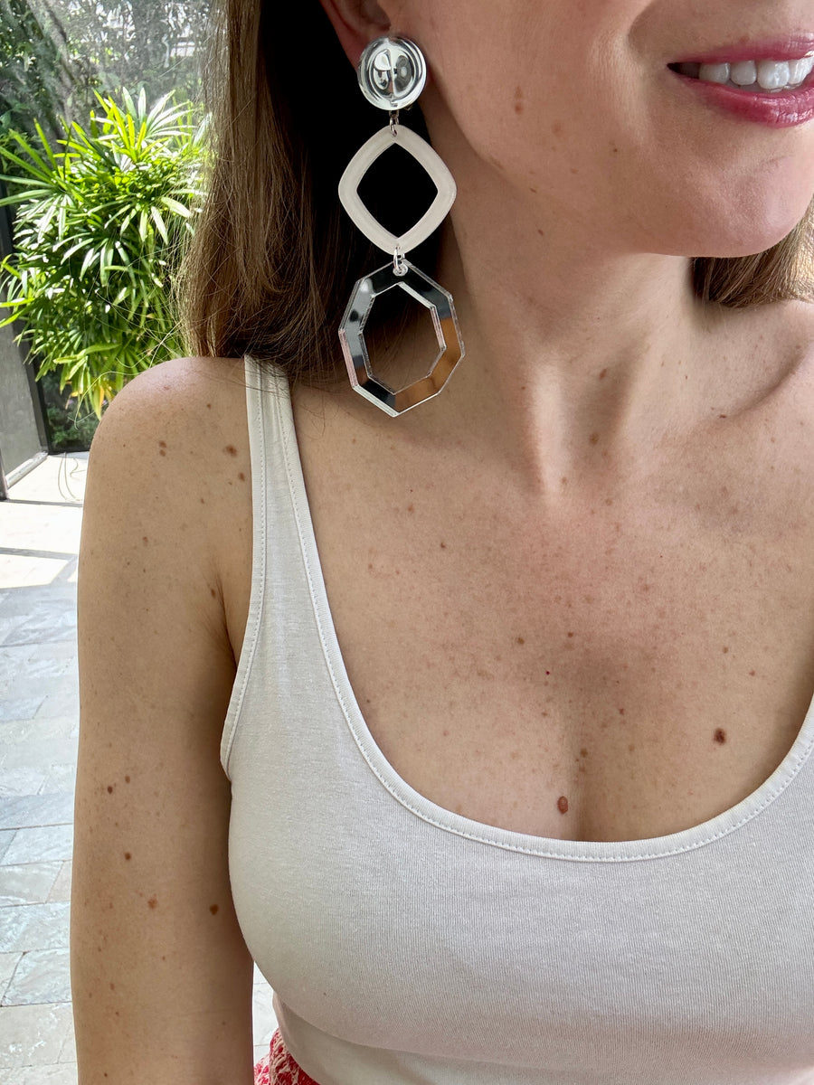 French Designer Francine Bramli  Mirrored White Resin Statement Earrings