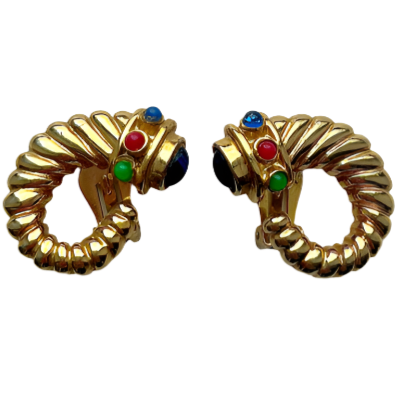 Mogul Multi Colored Glass Gold Horn Clip On Earrings