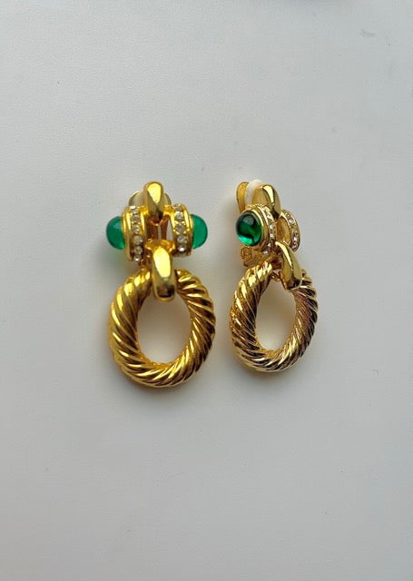 Green Glass and Twisted Gold Door Knocker Earrings