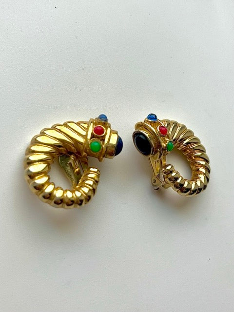 Mogul Multi Colored Glass Gold Horn Clip On Earrings