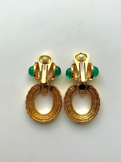 Green Glass and Twisted Gold Door Knocker Earrings