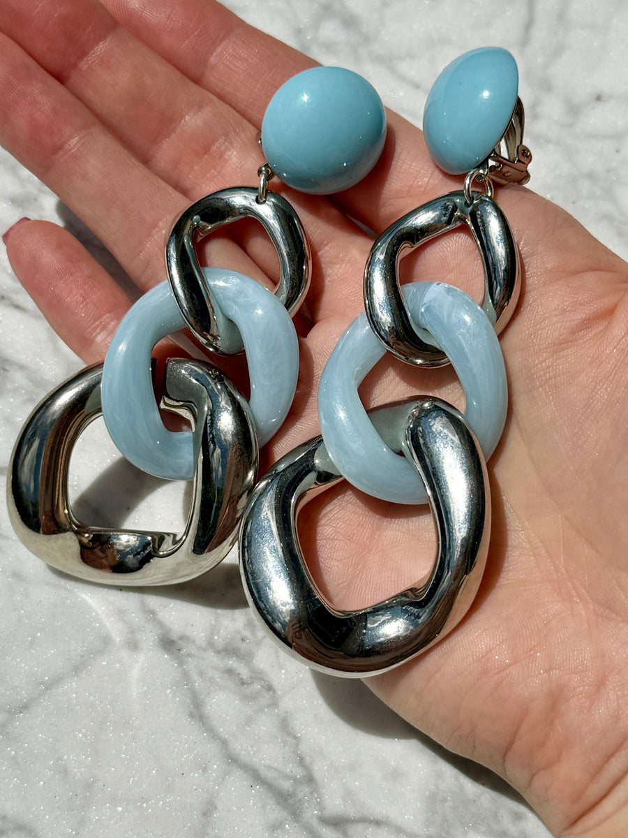 French Designer Francine Bramli Light Blue Silver Link Clip On Earrings