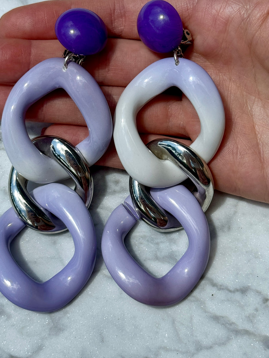 French Designer Francine Bramli Purple Ombre Silver Link Earrings