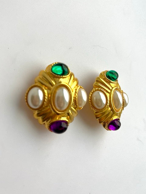 Vintage 90s Brushed Gold Pearl Jewl Clip On Earrings