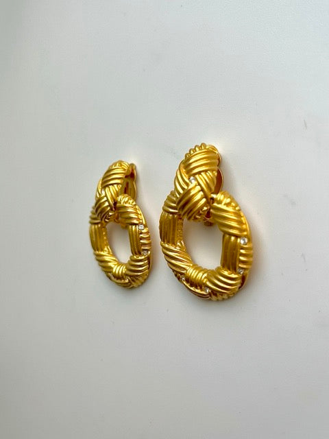 Vintage Brushed Gold Crystal Door Knocker Clip On Earrings