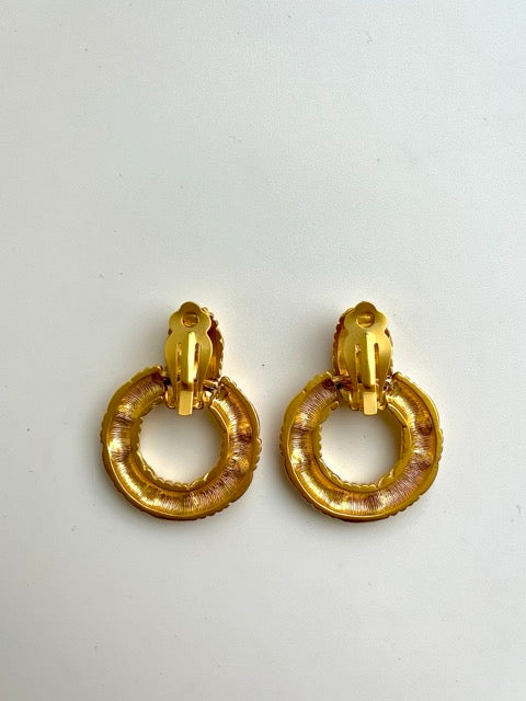 Vintage Brushed Gold Crystal Door Knocker Clip On Earrings