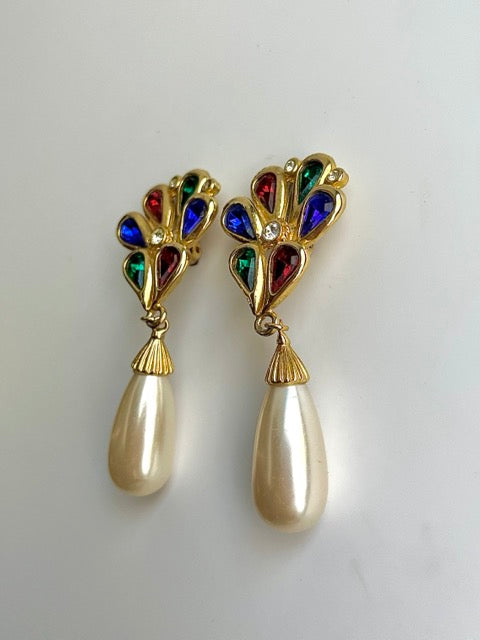 Glam 80s Crystal Pearl Drop Clip On Earring