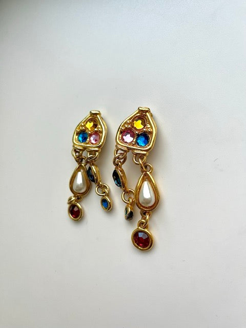 90s Italian Jewel Crystal & Faux Pearl Dangle Clip On Earrings