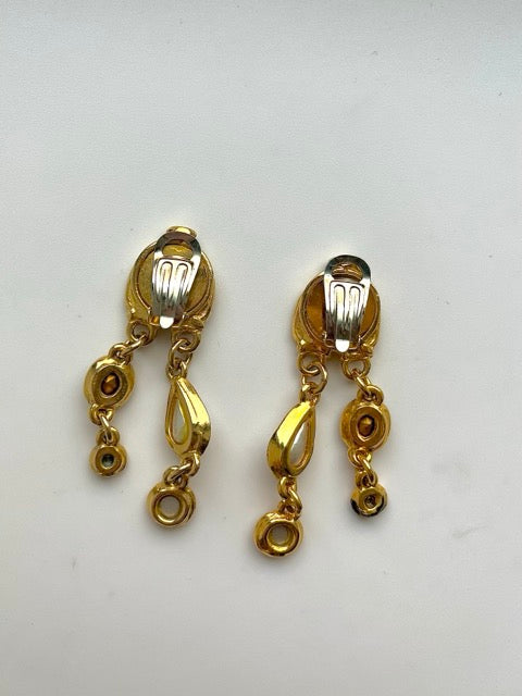 90s Italian Jewel Crystal & Faux Pearl Dangle Clip On Earrings